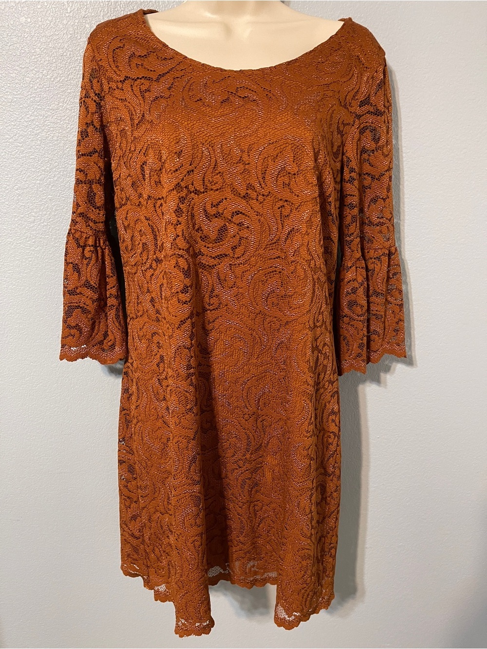 Garnet Hill Rust Lace Sheath Dress 3/4 Sleeve Midi Fall Cottagecore Boho Size 4